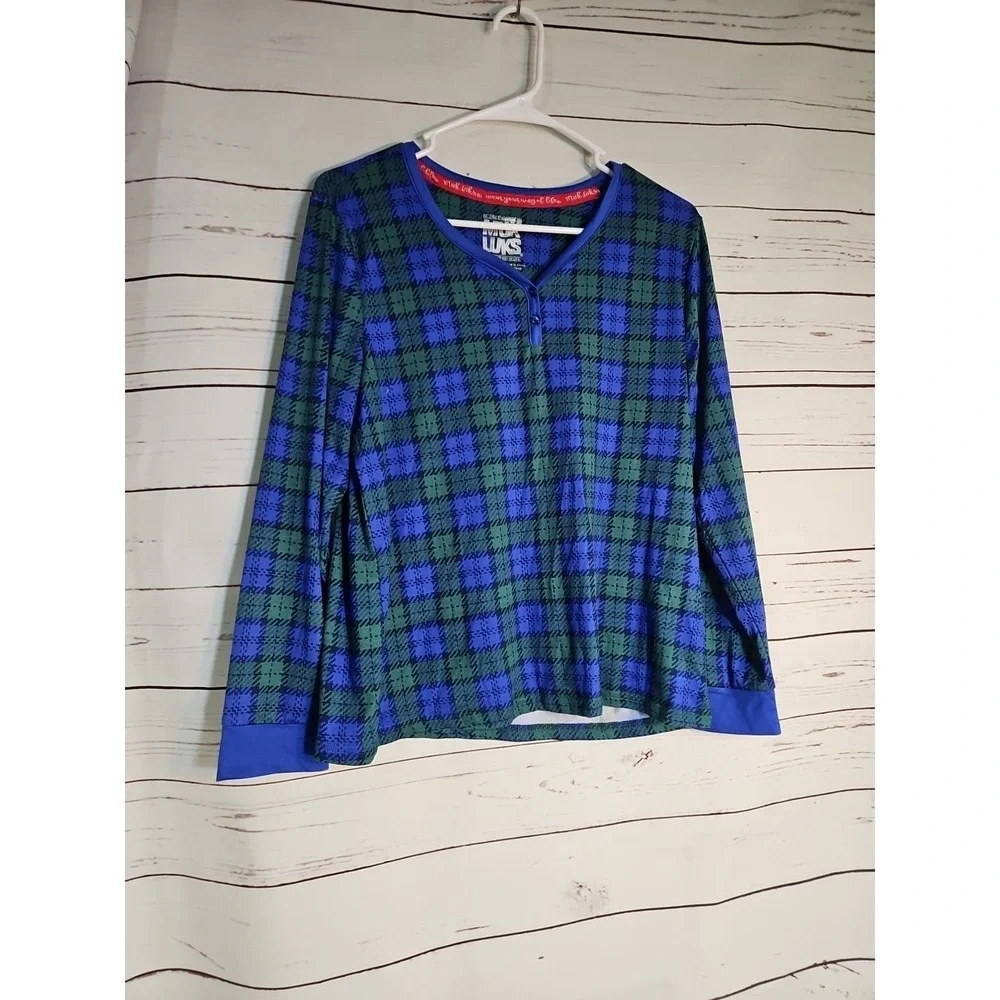 Muk Luks WOMEN PM Blue Green Plaid Cloud Knit Henley Pajama Top And Bottom...